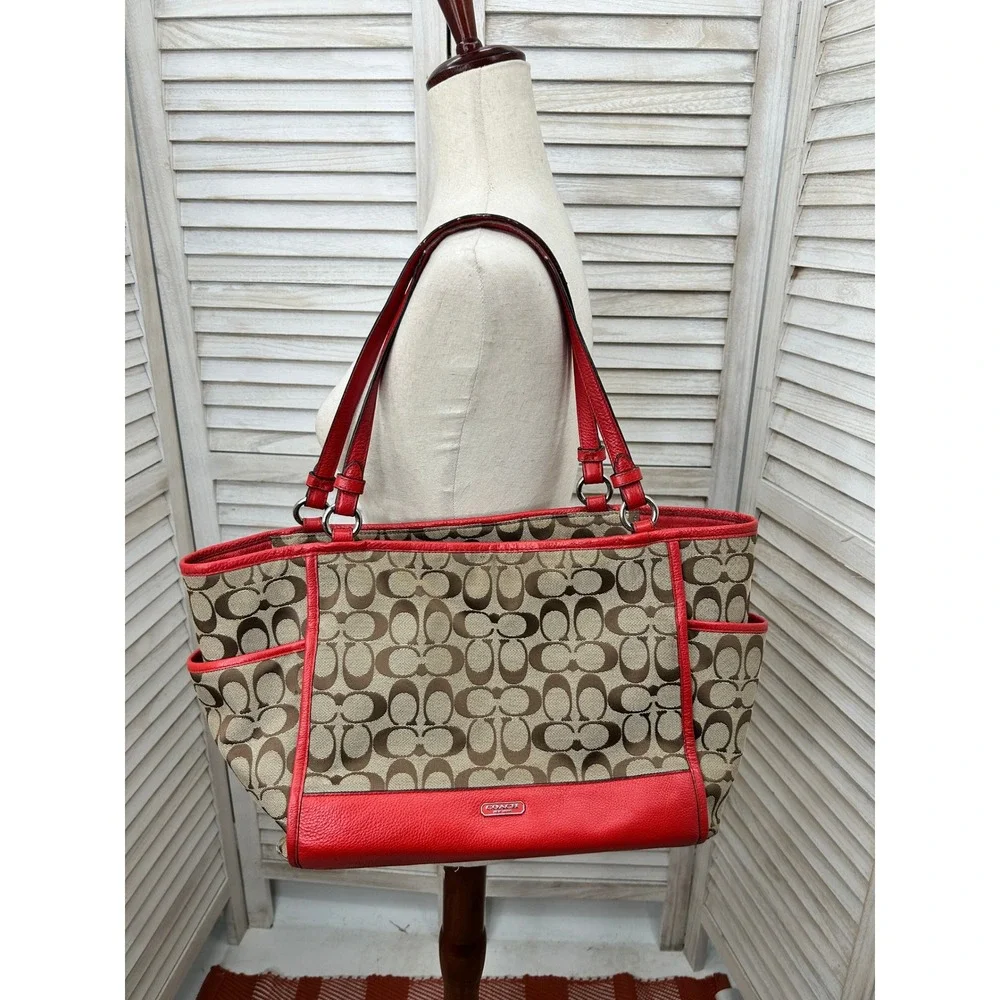 Coach Park Signature Carrie Tote F28728 Khaki Red Leather Monogram Shoulder Bag